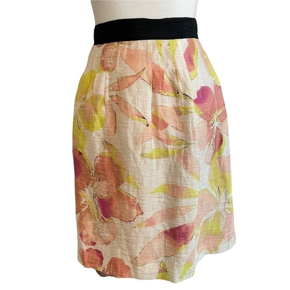 LOFT Ann Taylor Cream Pink Watercolor Floral Tropical Linen Blend Lined Skirt 6 - Picture 1 of 11